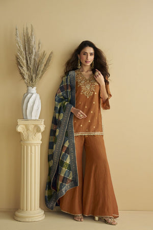 Brown Sequin with Embroidered Chinon Free Size Stitched Sharara Suit (ACB1072)