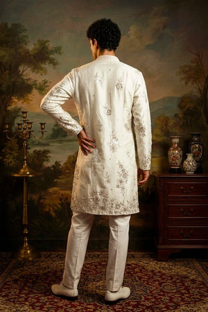 Mens Silver Embroidered Silk Kurta Set (ACB1073)
