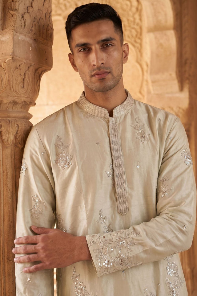Mens Silver Embroidered Silk Kurta Set (ACB1073)