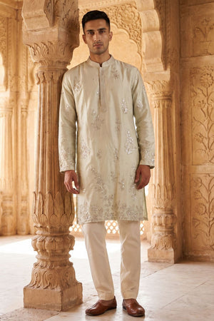 Mens Silver Embroidered Silk Kurta Set (ACB1073)