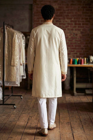 Mens White Embroidered Silk Kurta Set (ACB1074)