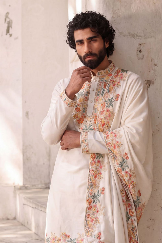 Mens White Embroidered Silk Kurta Set (ACB1074)