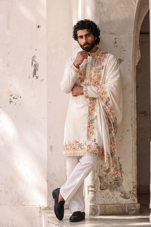 Mens White Embroidered Silk Kurta Set (ACB1074)