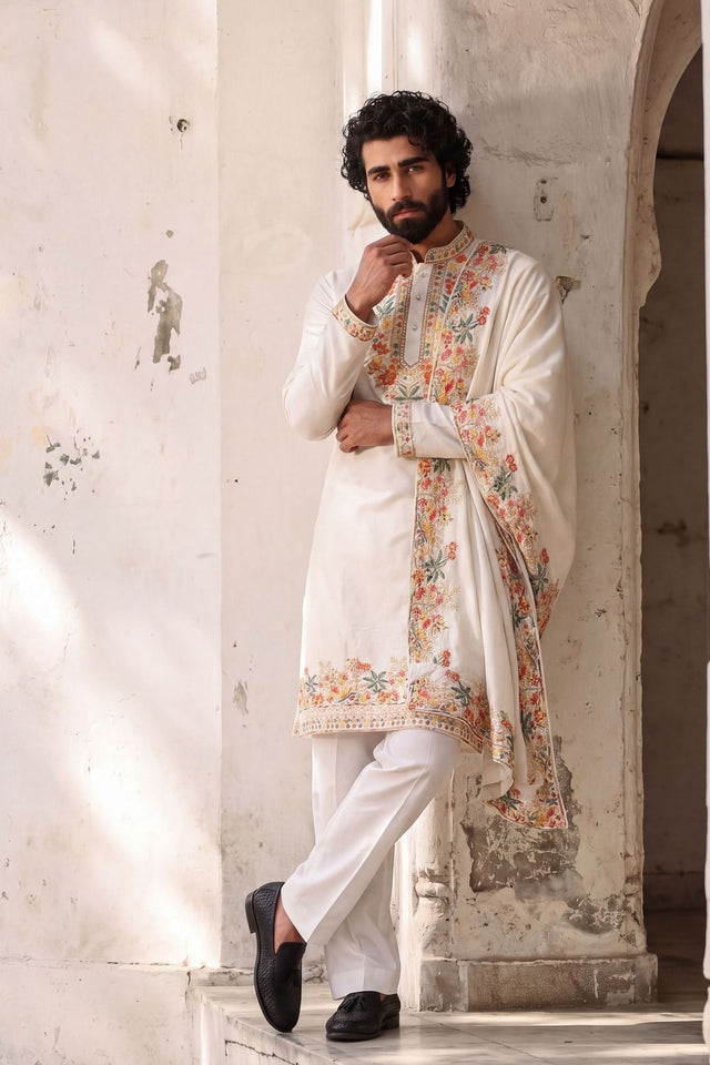 Mens White Embroidered Silk Kurta Set (ACB1074)