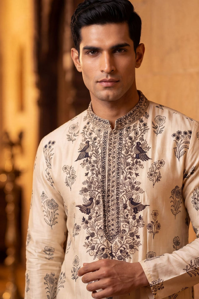 Mens Cream Embroidered Silk Kurta Set (ACB1075)