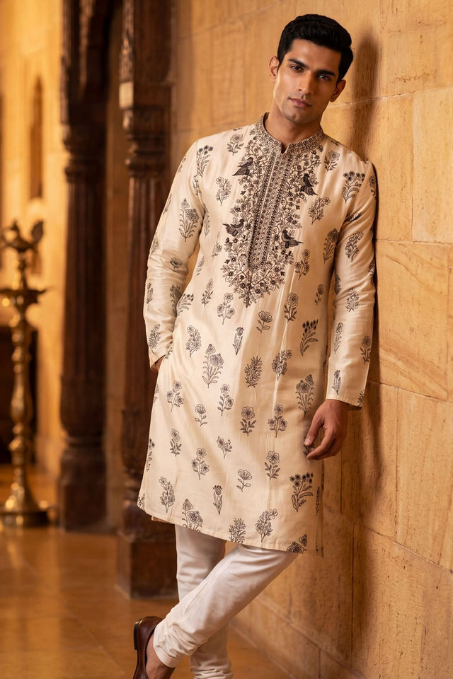 Mens Cream Embroidered Silk Kurta Set (ACB1075)
