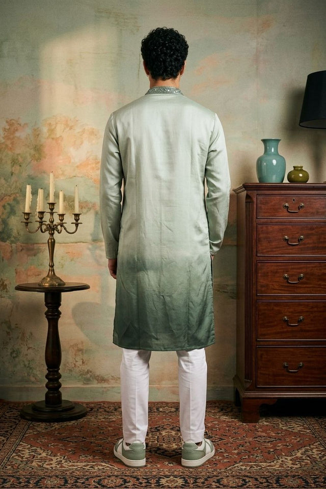 Mens Green Embroidered Silk Kurta Set (ACB1077)