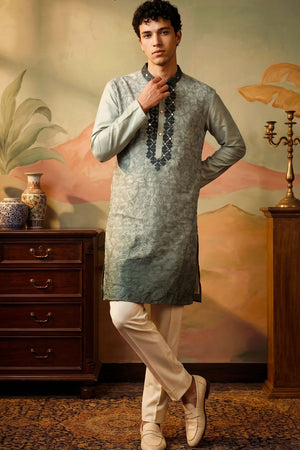 Mens Green Embroidered Silk Kurta Set (ACB1077)