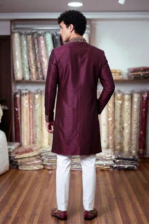 Mens Wine Embroidered Silk Kurta Set (ACB1078)