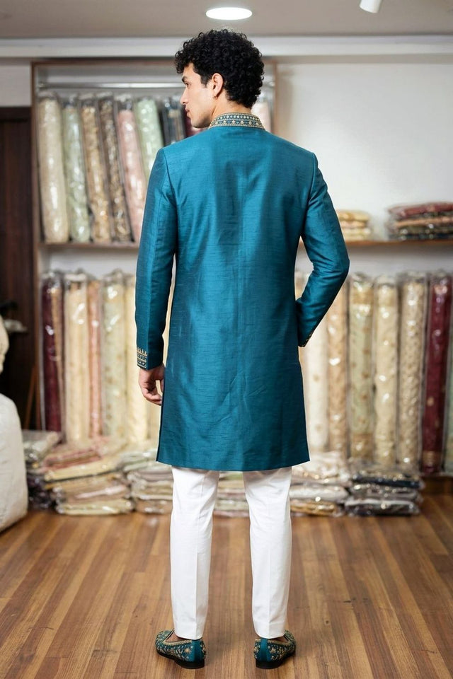 Mens Turquoise Embroidered Silk Kurta Set (ACB1079)