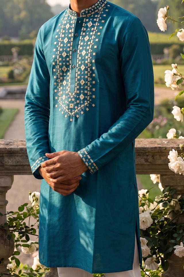 Mens Turquoise Embroidered Silk Kurta Set (ACB1079)