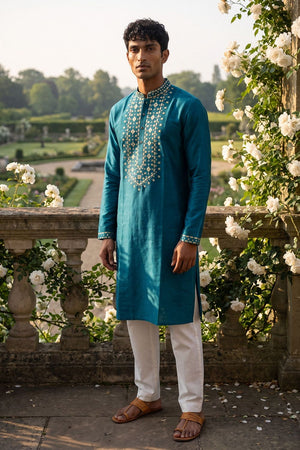 Mens Turquoise Embroidered Silk Kurta Set (ACB1079)