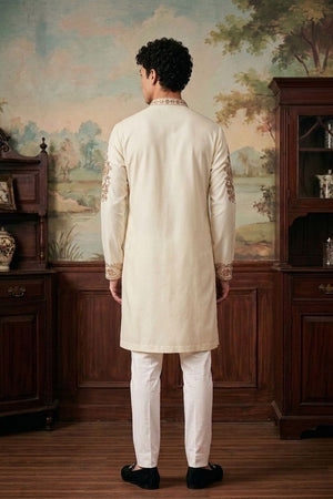Mens White Embroidered Silk Blend Kurta Set (ACB1080)
