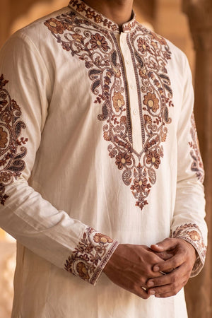 Mens White Embroidered Silk Blend Kurta Set (ACB1080)