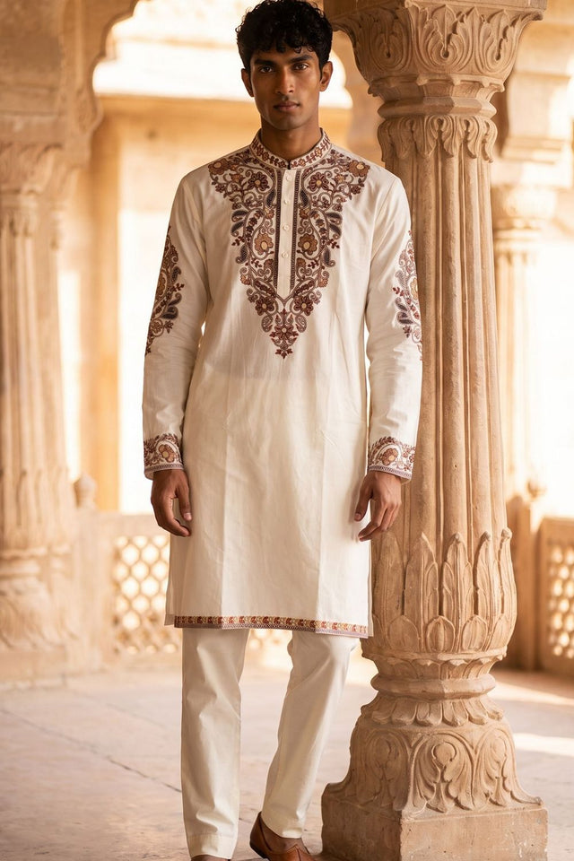 Mens White Embroidered Silk Blend Kurta Set (ACB1080)