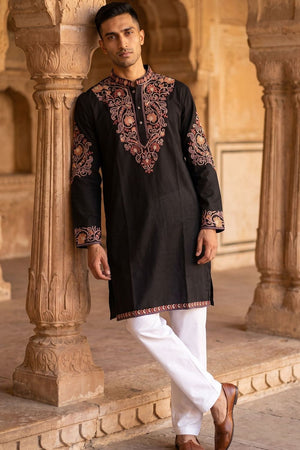 Mens Black Embroidered Silk Blend Kurta Set (ACB1081)