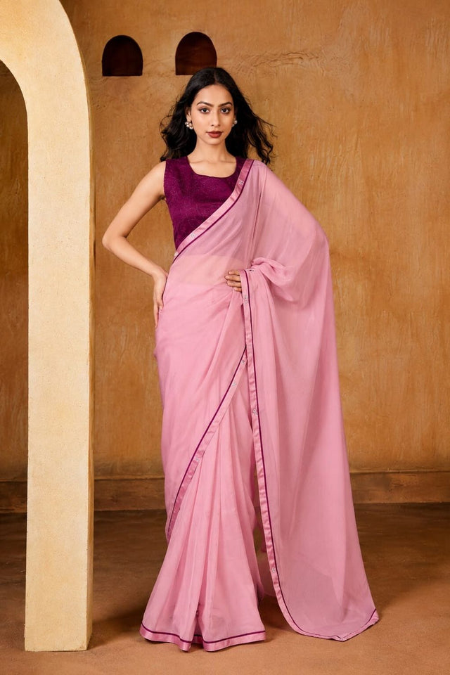 Pink Solid Georgette Saree (ACB1086)
