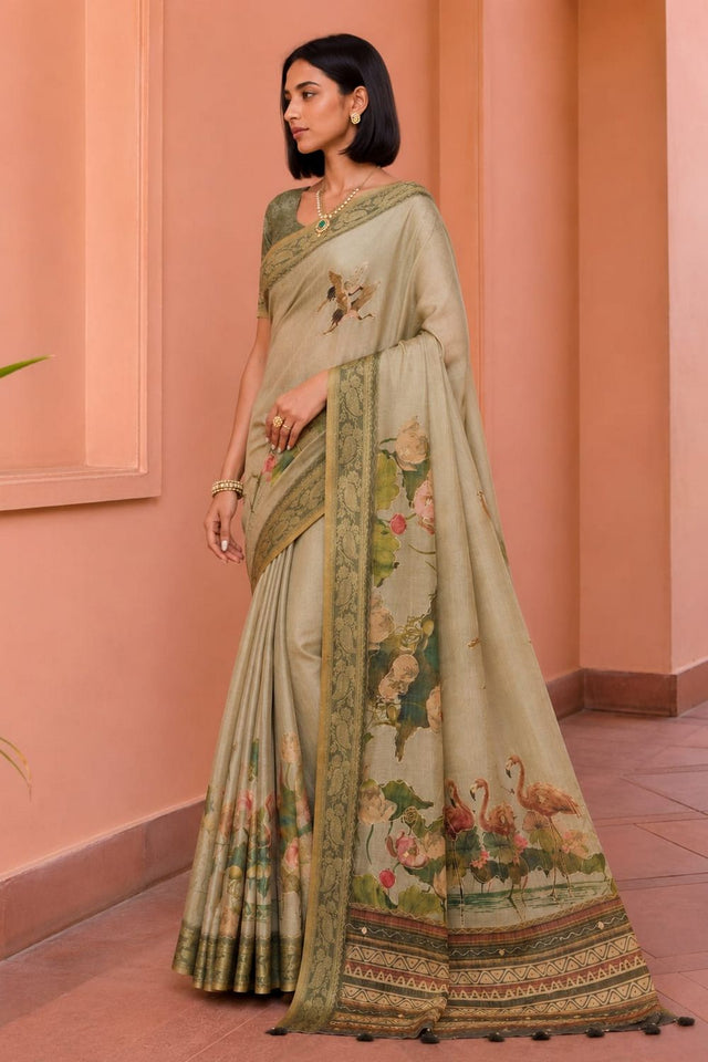 Beige Printed Kanjivaram Saree (ACB1092)