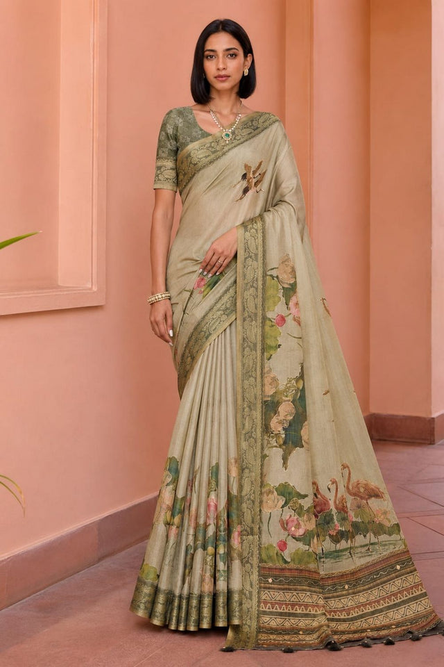 Beige Printed Kanjivaram Saree (ACB1092)