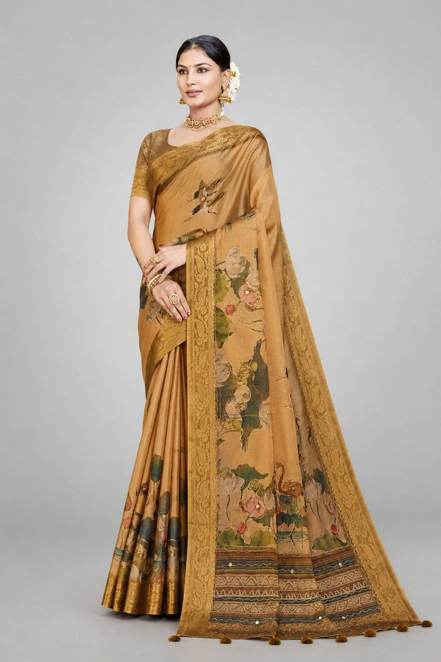 Mustard Printed Kanjivaram Saree (ACB1093)
