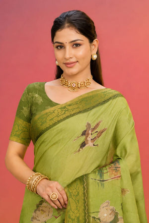 Olive Green Printed Kanjivaram Saree (ACB1095)