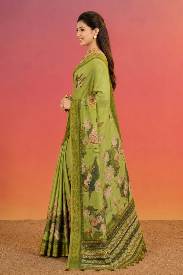 Olive Green Printed Kanjivaram Saree (ACB1095)
