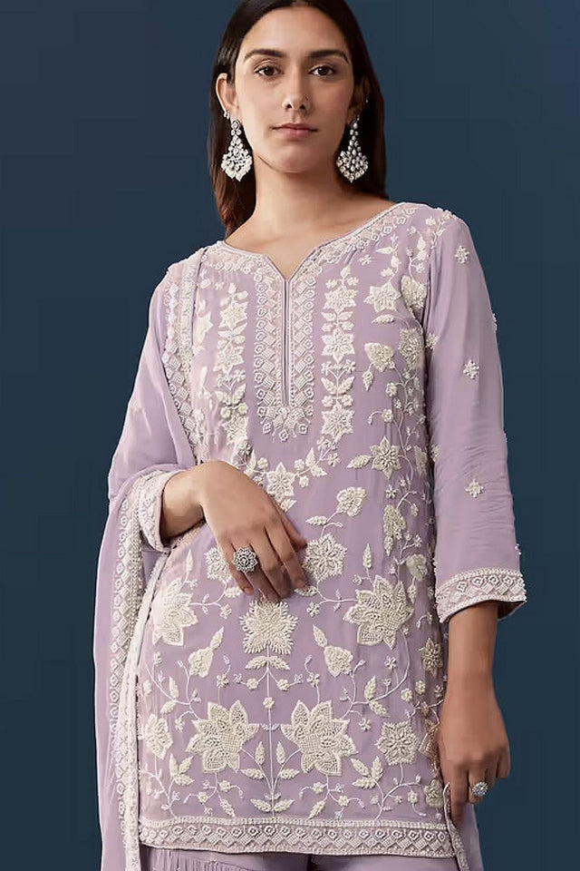 Lavender Floral Embroidered Georgette Sharara Suit (ACB1096)