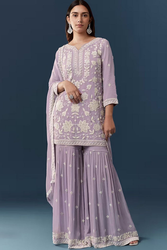 Lavender Floral Embroidered Georgette Sharara Suit (ACB1096)