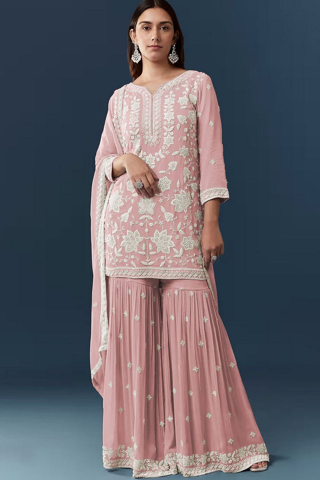 Peach Floral Embroidered Georgette Sharara Suit (ACB1097)