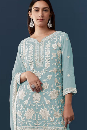 Blue Floral Embroidered Georgette Sharara Suit (ACB1098)
