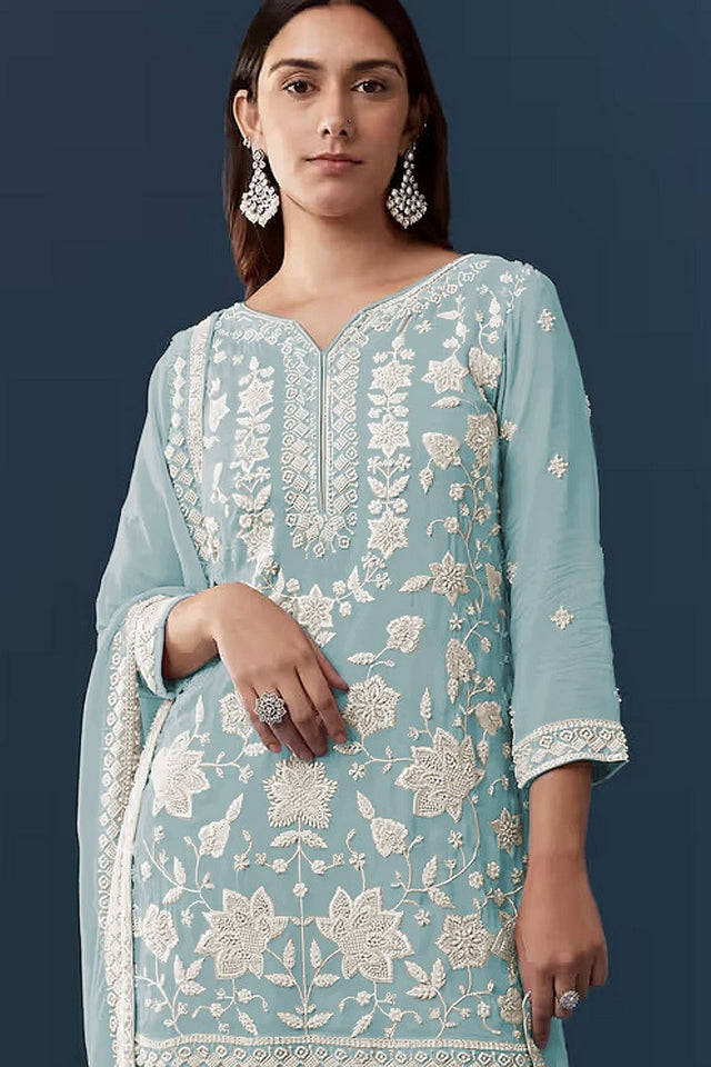 Blue Floral Embroidered Georgette Sharara Suit (ACB1098)