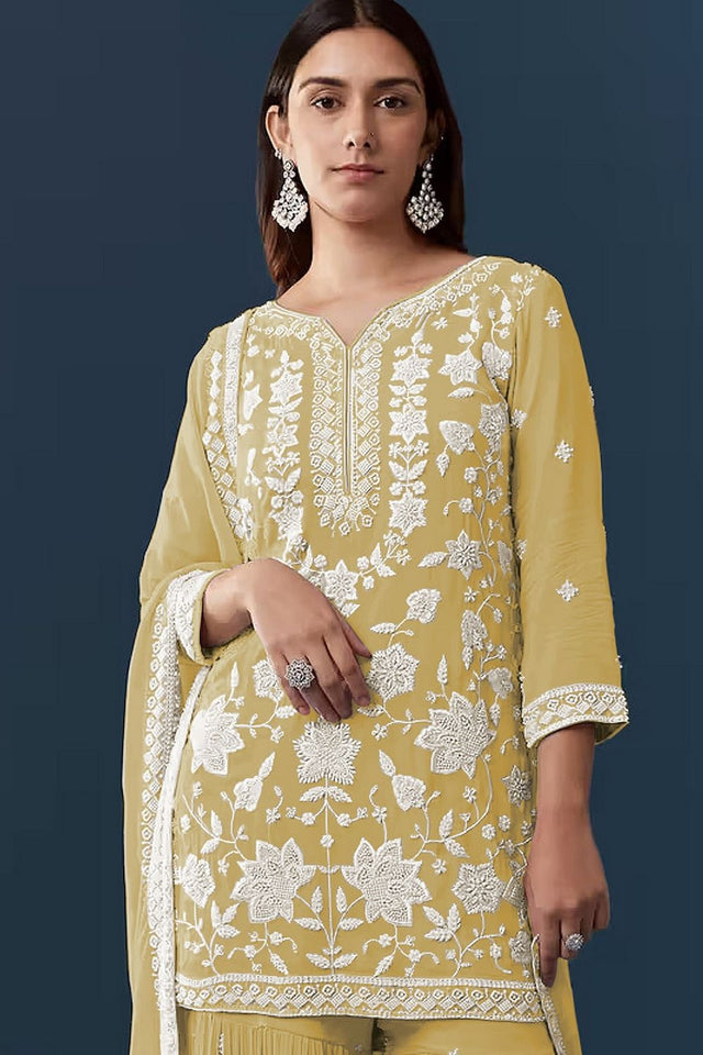 Yellow Floral Embroidered Georgette Sharara Suit (ACB1099)