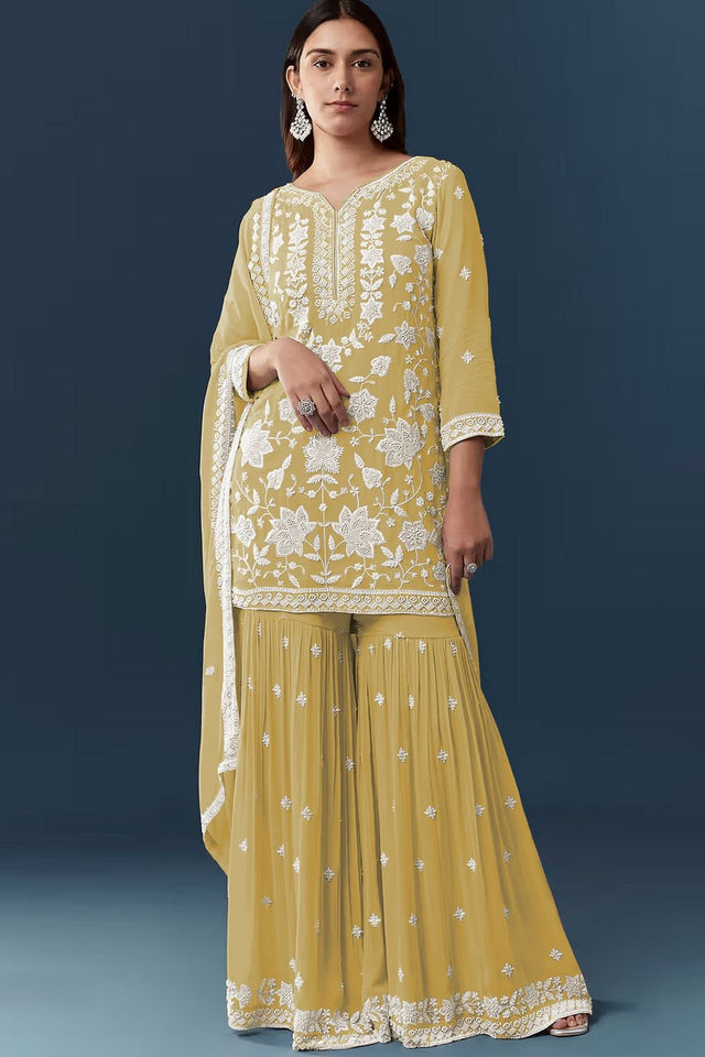 Yellow Floral Embroidered Georgette Sharara Suit (ACB1099)
