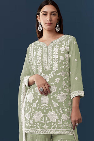 Green Floral Embroidered Georgette Sharara Suit (ACB1100)