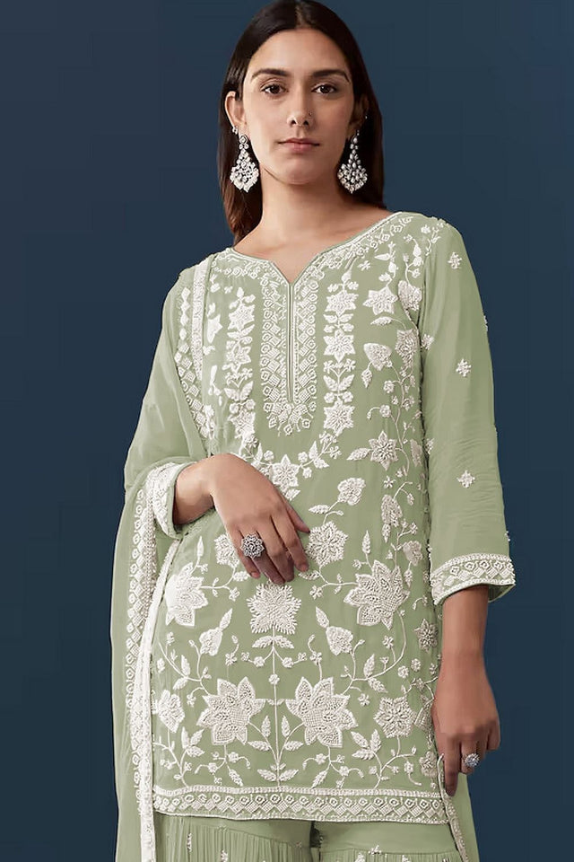 Green Floral Embroidered Georgette Sharara Suit (ACB1100)