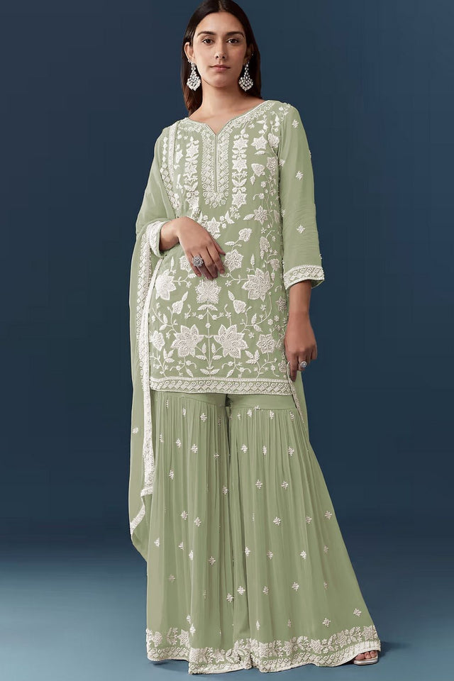 Green Floral Embroidered Georgette Sharara Suit (ACB1100)