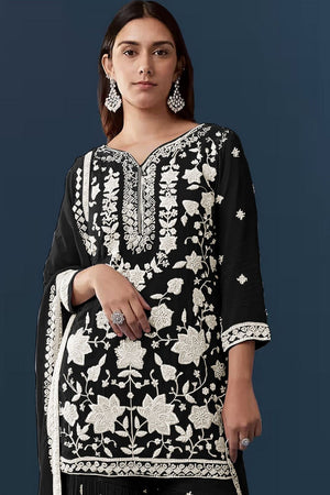 Black Floral Embroidered Georgette Sharara Suit (ACB1101)