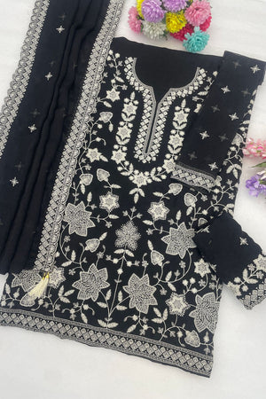 Black Floral Embroidered Georgette Sharara Suit (ACB1101)