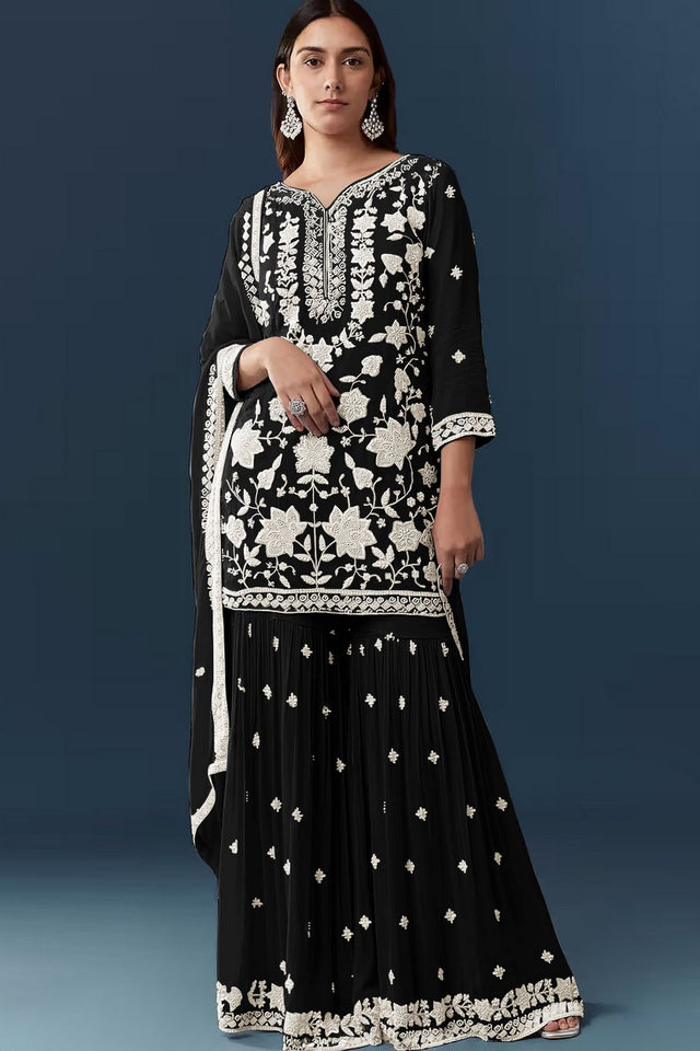 Black Floral Embroidered Georgette Sharara Suit (ACB1101)