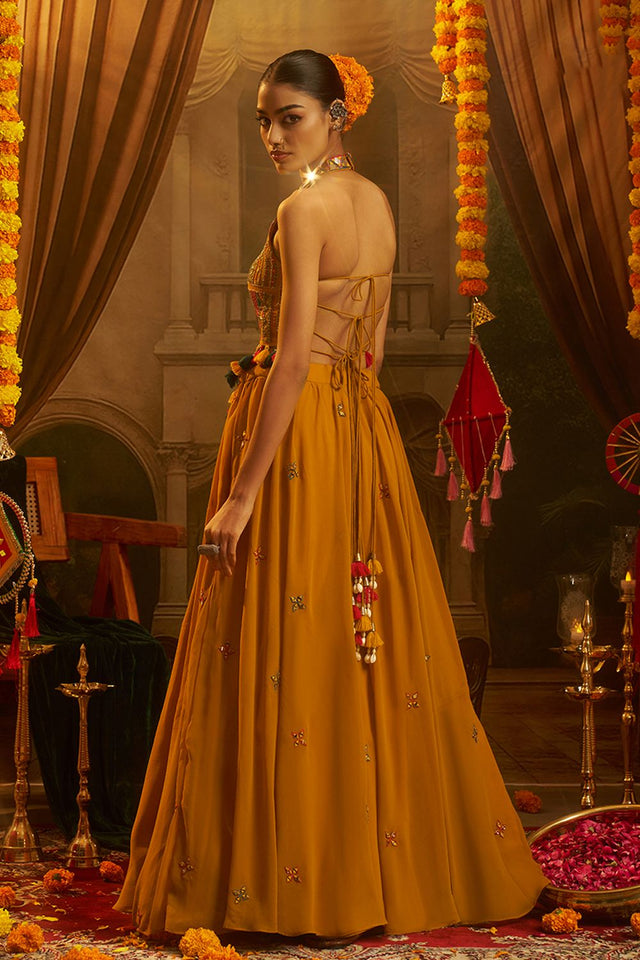 Mustard Embroidered Georgette Palazzo Suit (ACB1103)
