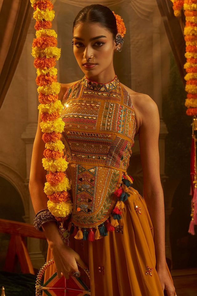Mustard Embroidered Georgette Palazzo Suit (ACB1103)