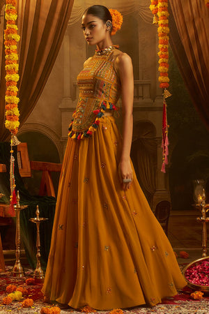 Mustard Embroidered Georgette Palazzo Suit (ACB1103)