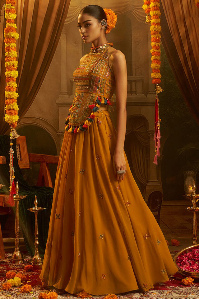 Mustard Embroidered Georgette Palazzo Suit (ACB1103)