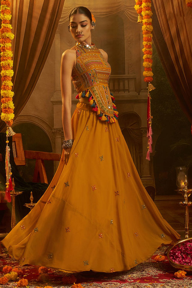 Mustard Embroidered Georgette Palazzo Suit (ACB1103)