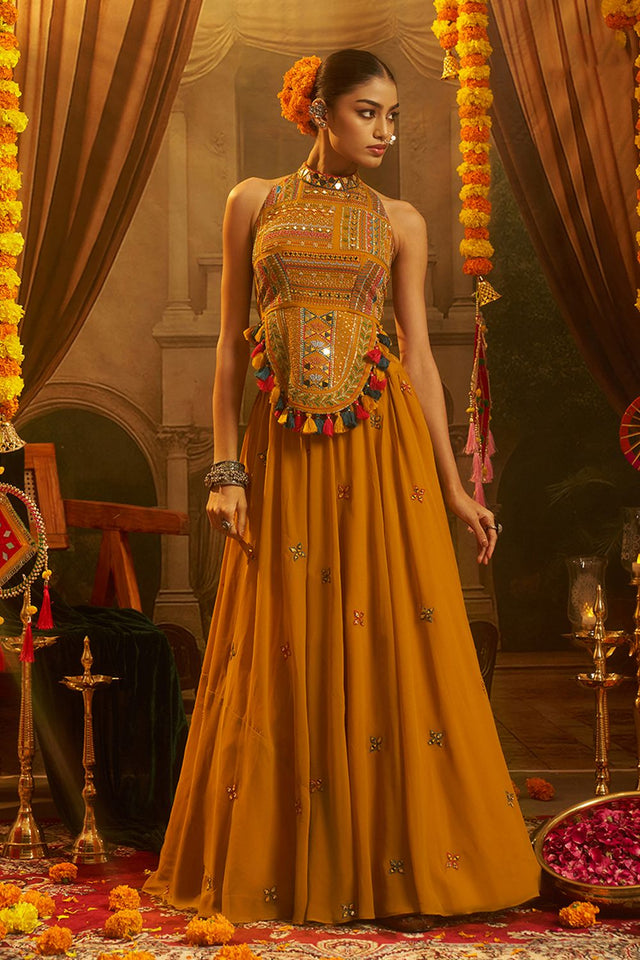 Mustard Embroidered Georgette Palazzo Suit (ACB1103)