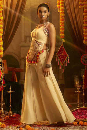 Cream Embroidered Georgette Palazzo Suit (ACB1104)
