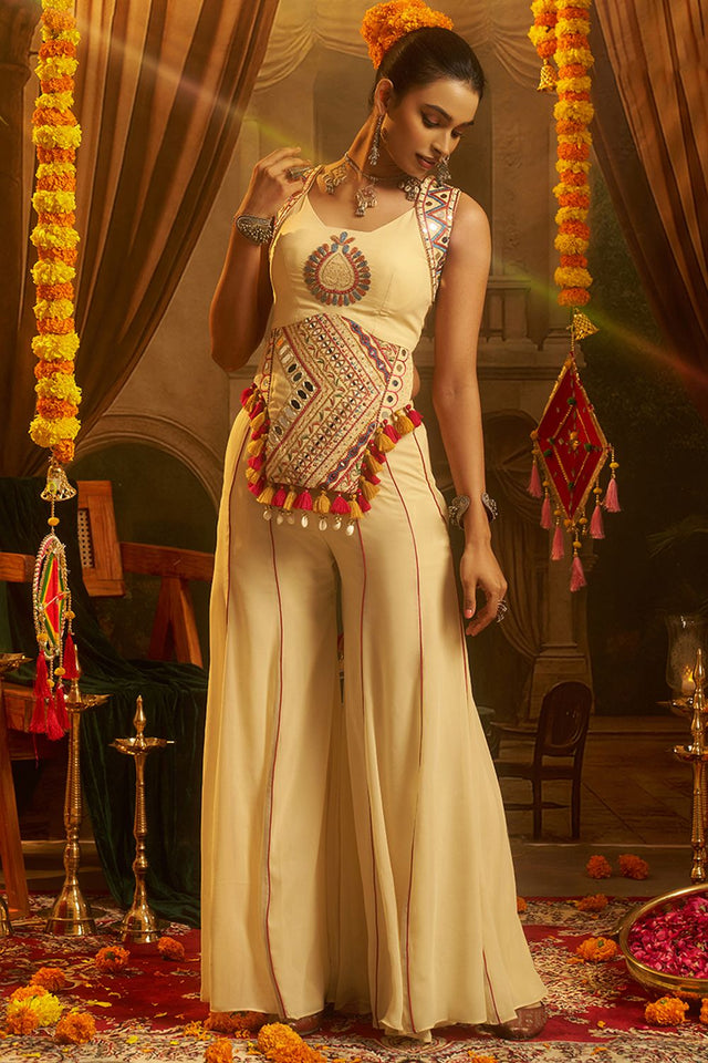 Cream Embroidered Georgette Palazzo Suit (ACB1104)