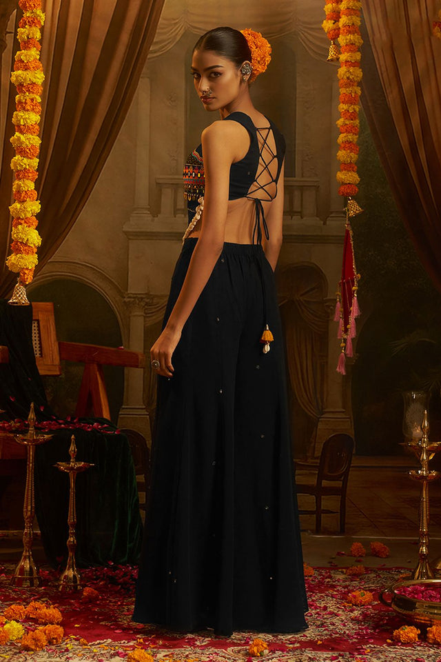 Black Embroidered Georgette Palazzo Suit (ACB1105)