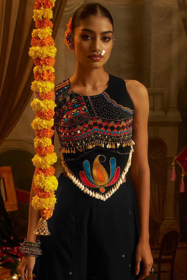Black Embroidered Georgette Palazzo Suit (ACB1105)