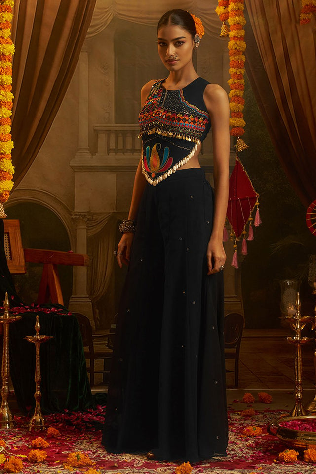 Black Embroidered Georgette Palazzo Suit (ACB1105)